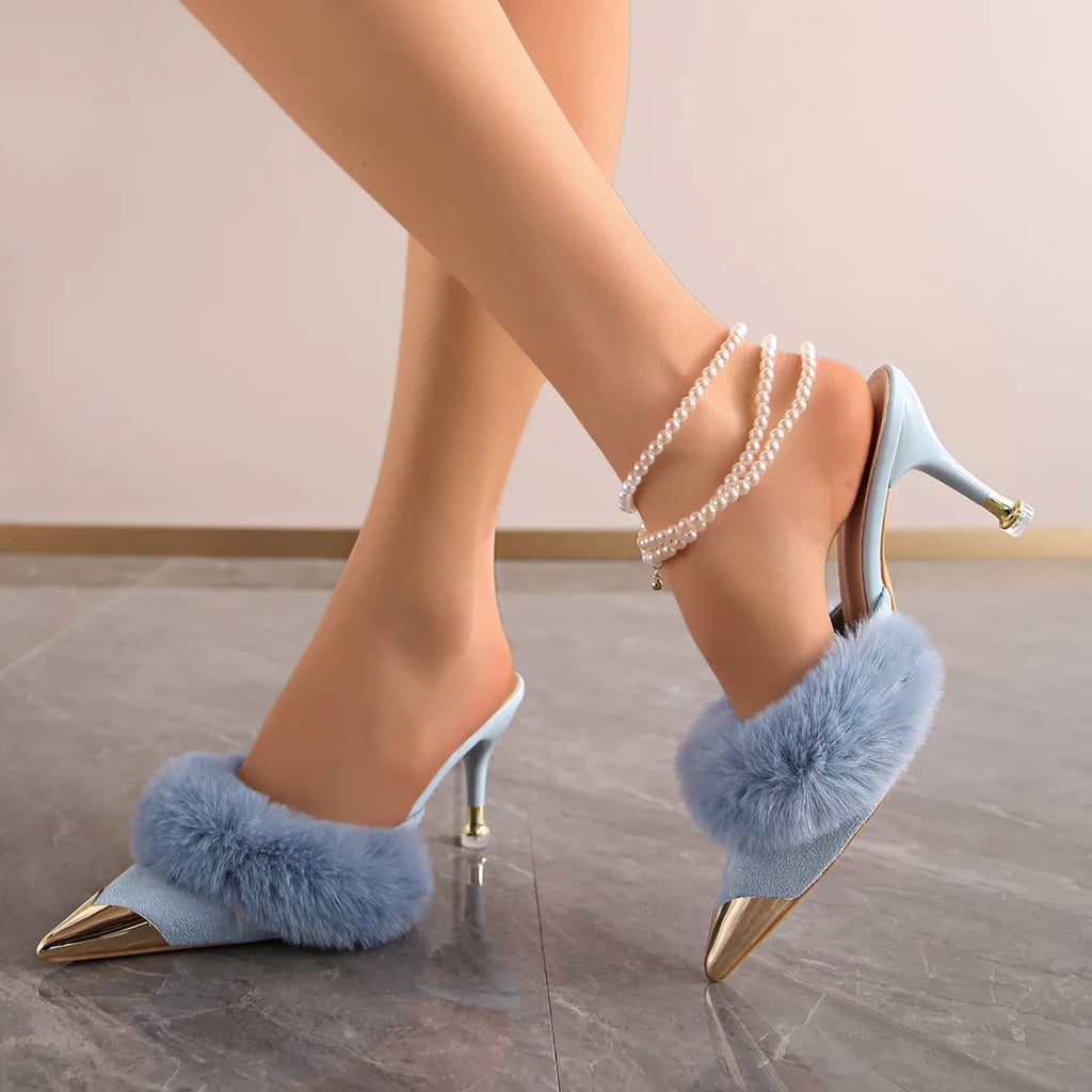 Summer Women Super High Heel Furry Sandals Faux Fur Slip-on Gold Sexy Shoes Woman Pointy Toe Sandals Big Size Zapatos De Mujer