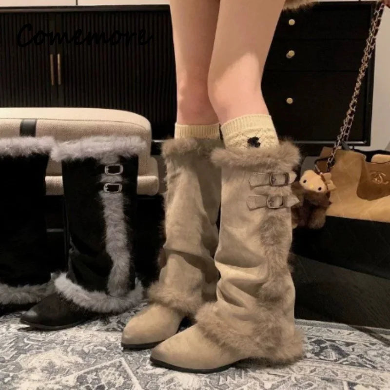 Comemore Winter Warmer Fur Snow Boots Women Autumn Winter Thick Bottom Cotton Shoes Female Two Wear Furry Round Toe Short Botas