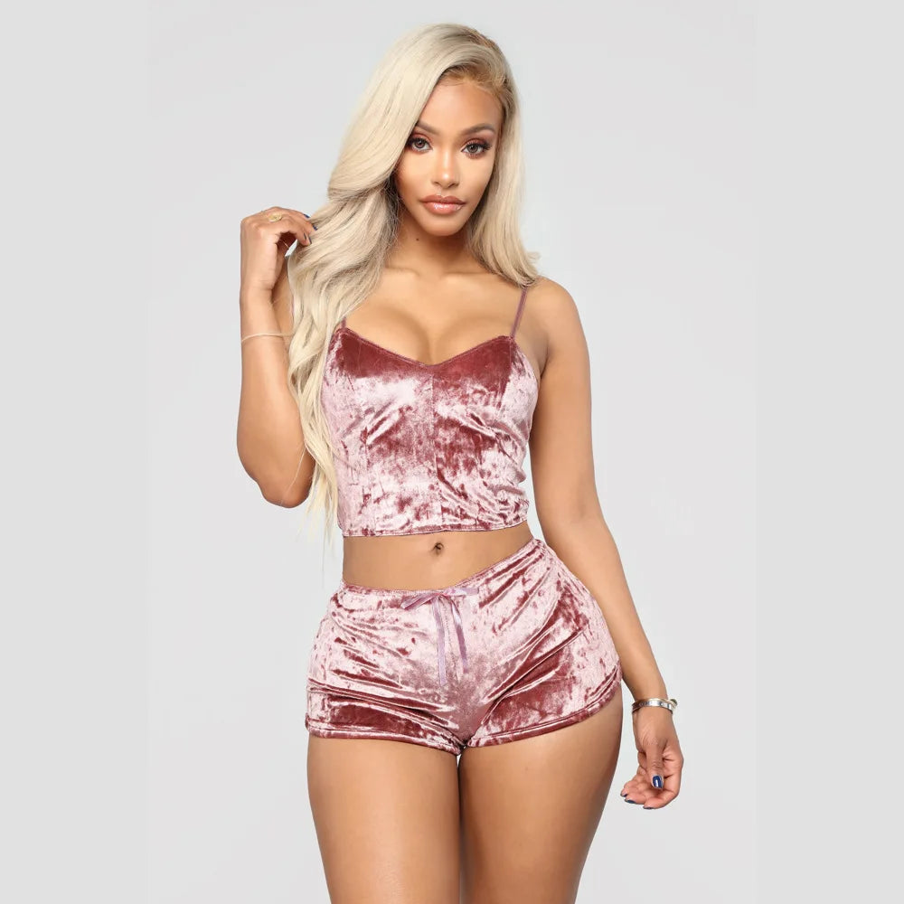 Pajamas Set Women Sexy Pink Red Silk Satin Velvet Pijamas Sleep Wear Robe Nightwear Sexy Lingerie  Sets Sleepwear