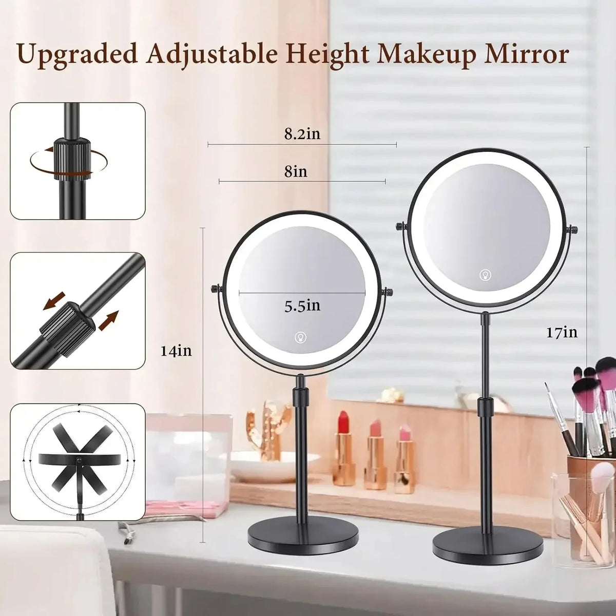 LED Vanity Mirror 3 Colors LED With Adjustable Height Standing 8 Inch 10X Magnification Double-Sided Makeup Mirror