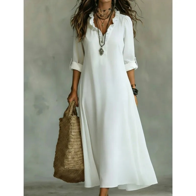 Fashion Printed Versatile Dress Lace Ruffled V-neck Long-sleeved Women's Summer Resort Style Commuter Long Dresses Vestidos 2026