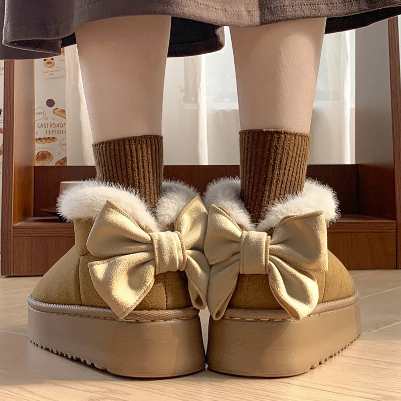 Women Platform Snow Booties Elegant Bow Ornament Furry Fur Trim Warm Plush Lining Anti‑Slip Casual Winter Ankle Boots