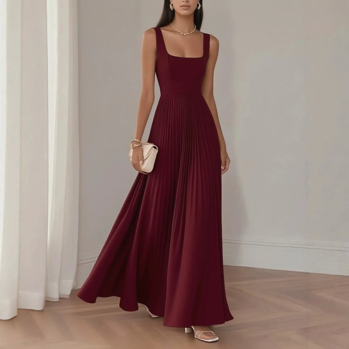 New Summer Evening Dress for Women French Retro Square Neck Spaghetti Strap Dress Vestidos De Fiesta
