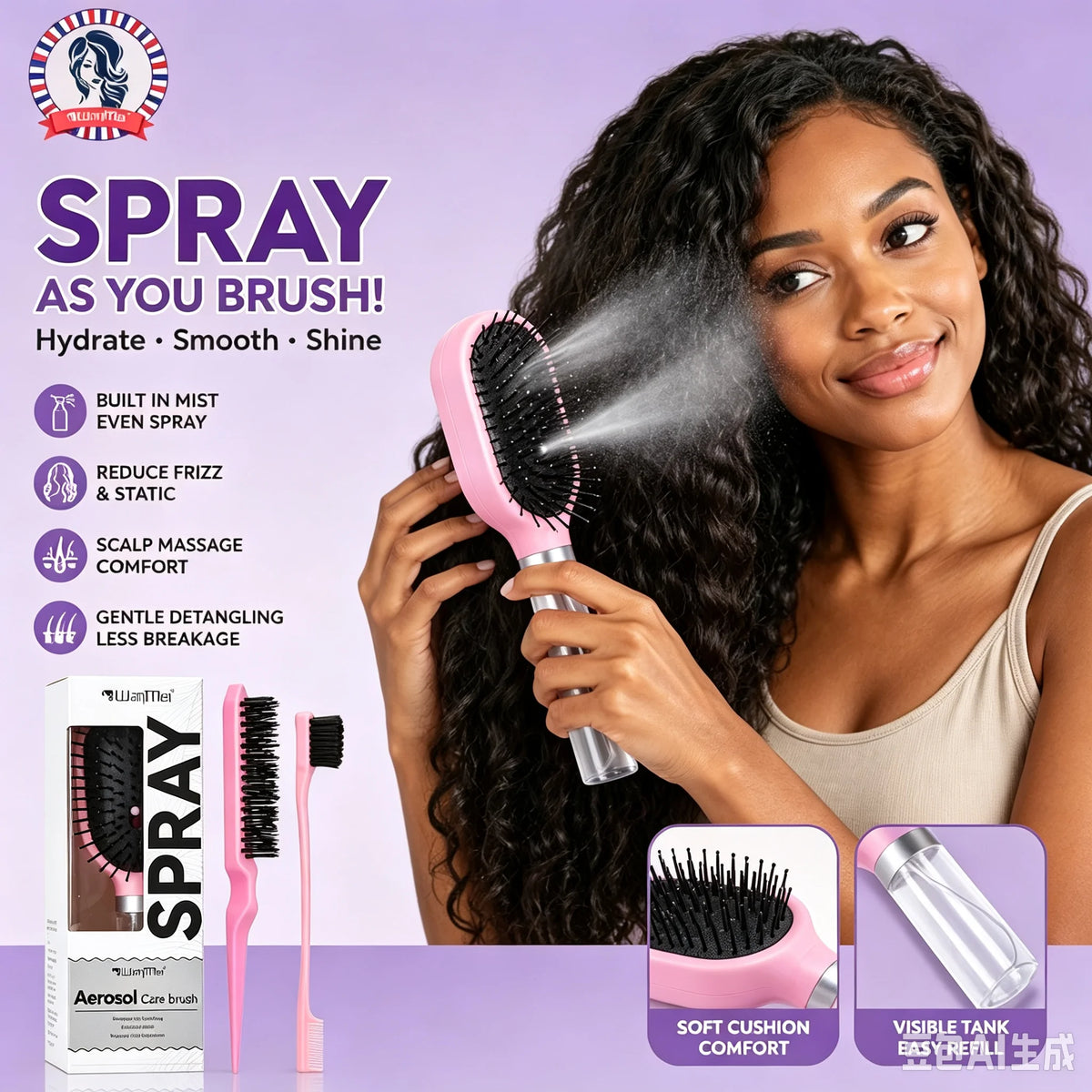 Anti Static 2 in 1 Air Cushion Hair Brush Set Hydrating Spray Massager Comb for Curly Dry Frizzy Hair