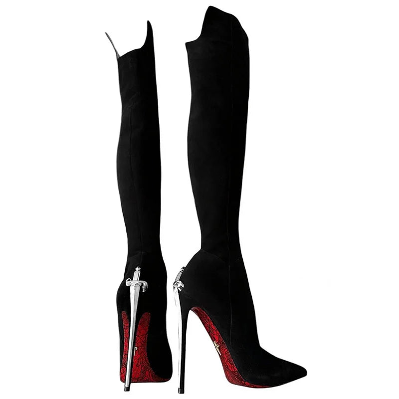 Runway Botas Sexy Black Suede Leather Knee-High Boots Super High Heels Women Autumn Winter Pointed Toe Strange Heels Long Boots