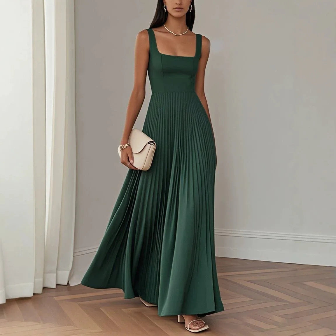 New Summer Evening Dress for Women French Retro Square Neck Spaghetti Strap Dress Vestidos De Fiesta