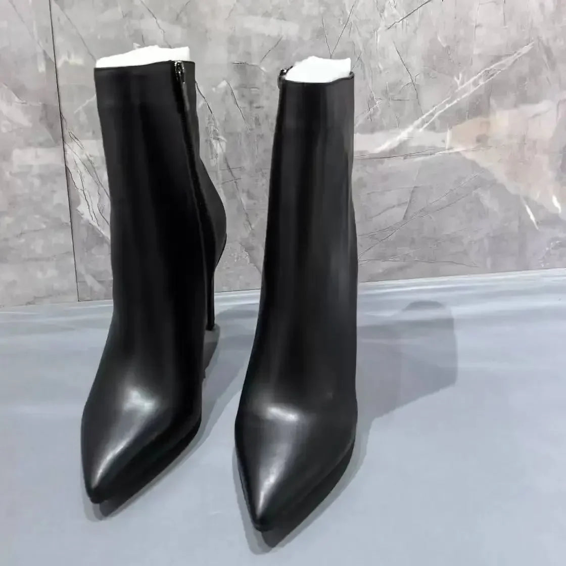 Black Leather Botas De Mujer Pointed Toe Shoes Female High Heels Red Sole Mid-Calf Boots For Women Office Lady Banquet Elegant