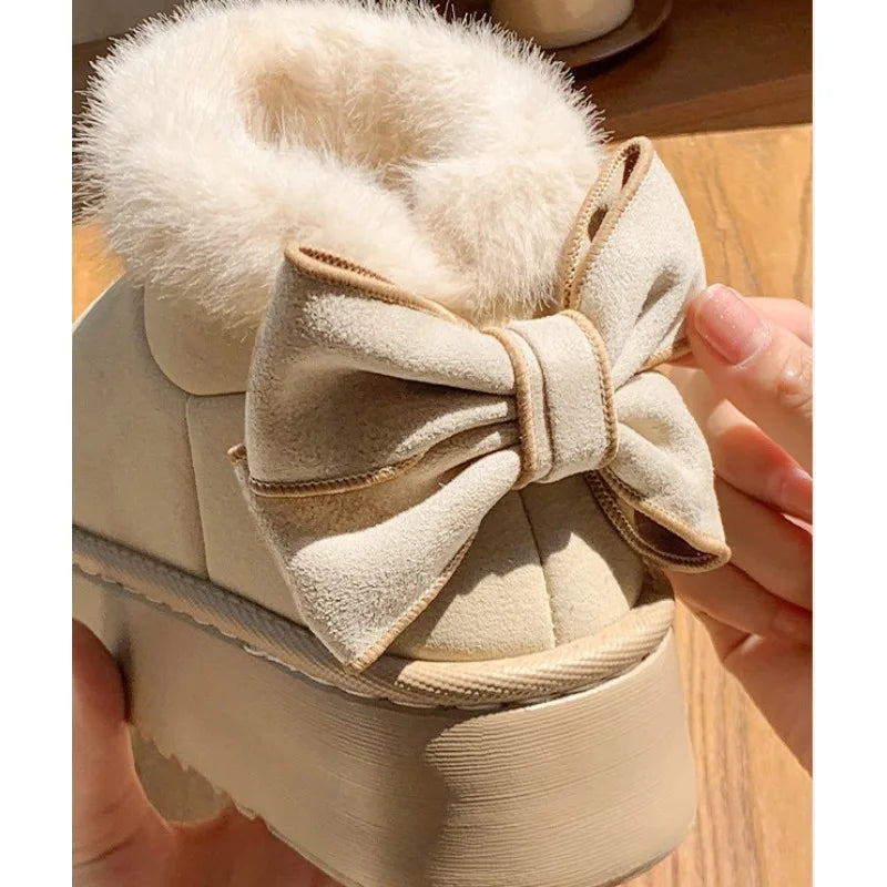 Women Platform Snow Booties Elegant Bow Ornament Furry Fur Trim Warm Plush Lining Anti‑Slip Casual Winter Ankle Boots