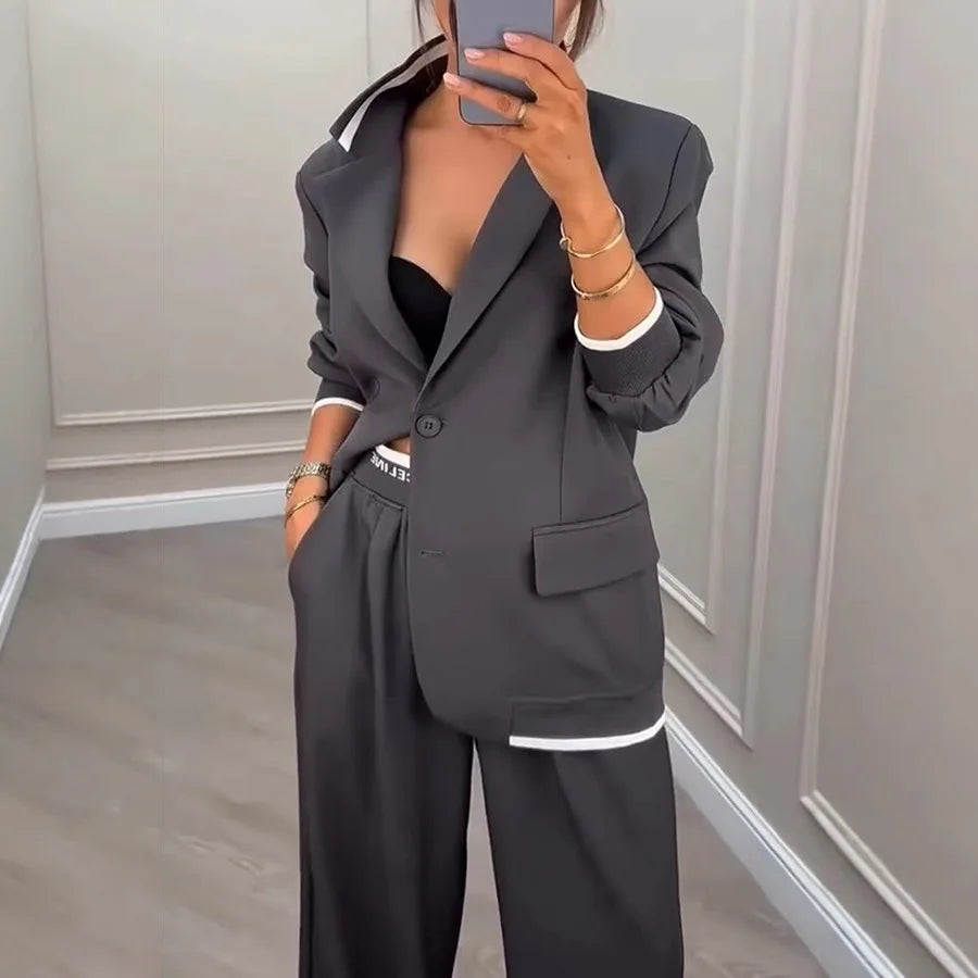 Women Suit Jacket Pants 2 Pieces Set Coat Wide Leg Trousers Outfits Single Breasted Turn Down Collar Office Lady Ensemble Autumn