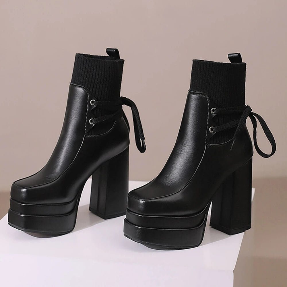 Botas De Mujer Spring Autumn Short Boots Womenthick High Heels Dress Round Head Goth Platform Boots Plus Size 34-50 338-35