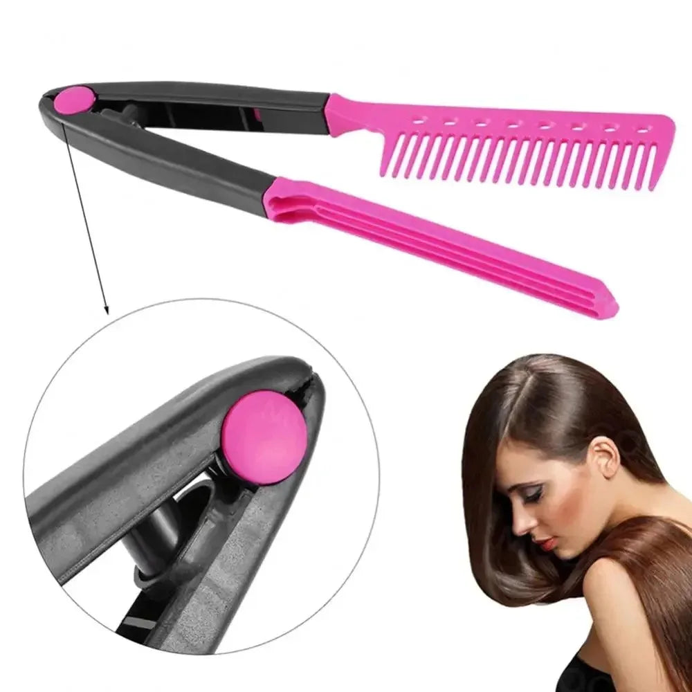 Folding V Type Hair Straightener Brush Multifunctional Styling Comb DIY Straight Curly Hair Hairdressing Accessory