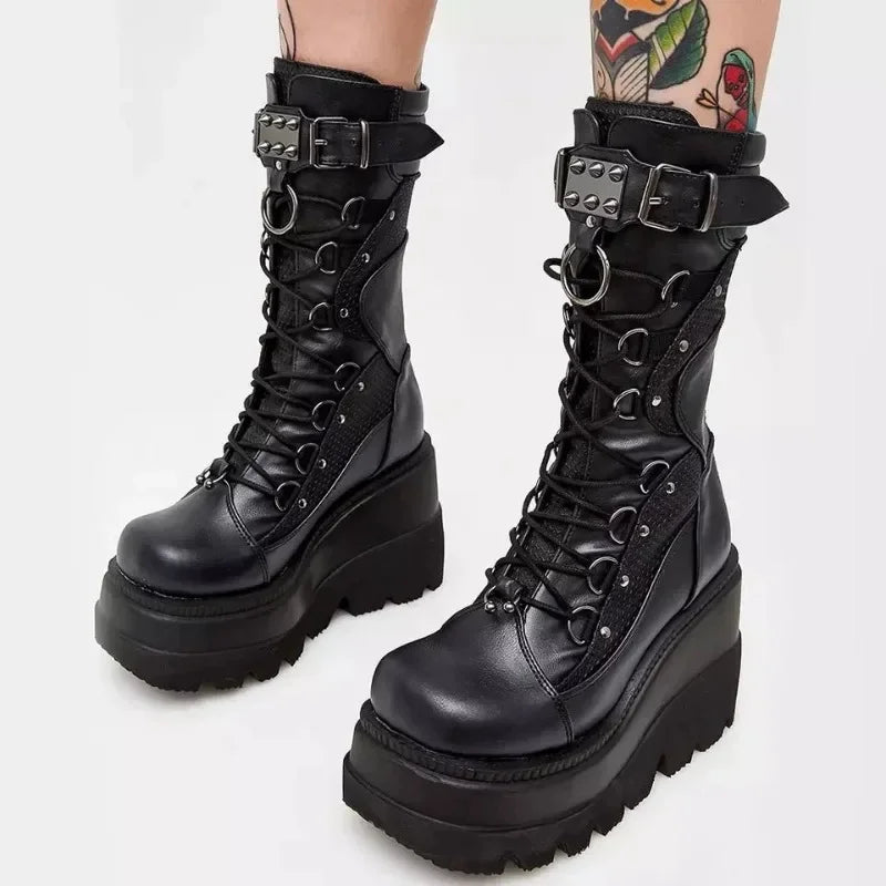 Women High Boots Cosplay Mid-calf Boots High Platform Wedges Boots 2024 Summer Autumn New Designer Gothic Shoes for Women Botas