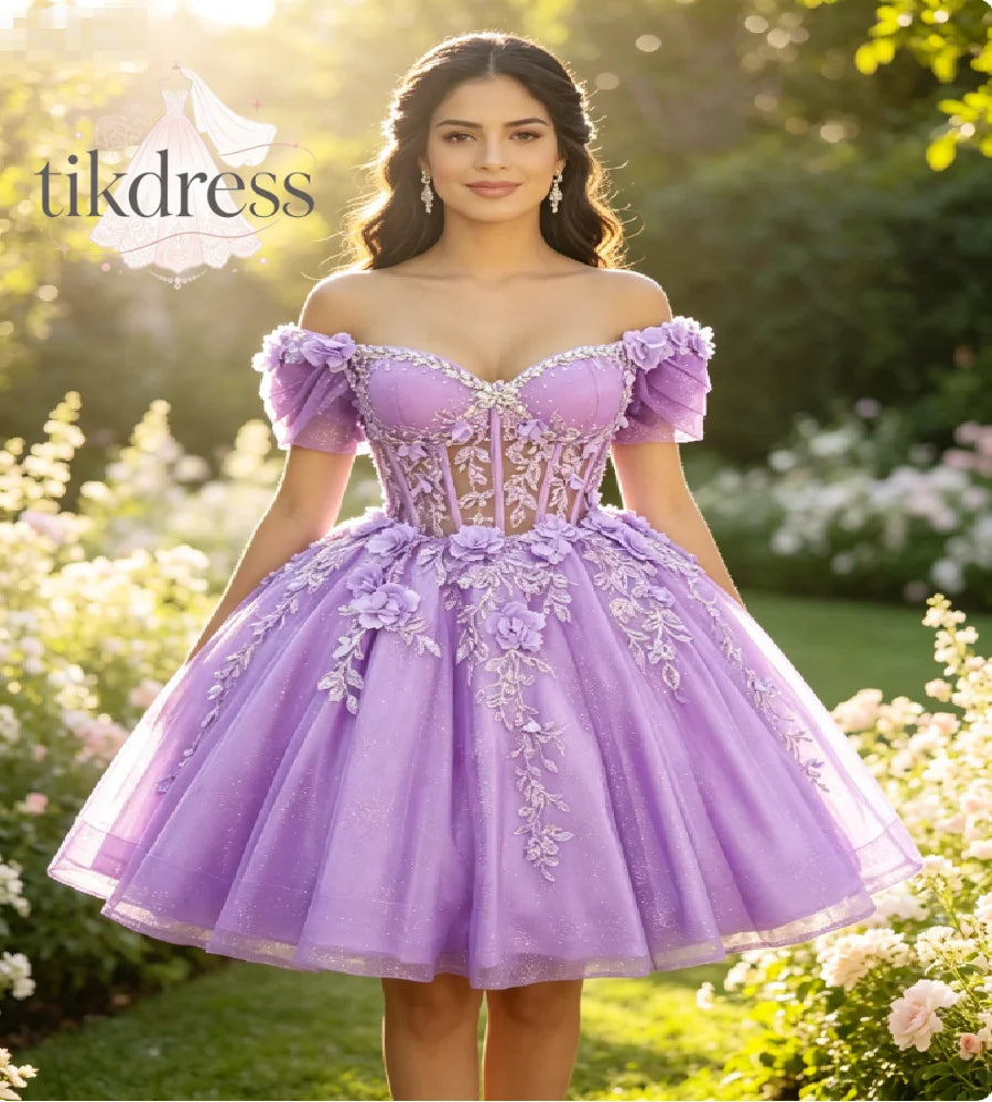Lavender Vestidos De 15 Quinceañera Off Shoulder 3D Floral Ball Gown 2 In 1 Short  Vestidos De 15 Años Xv Sweet 16 Party Sparkly