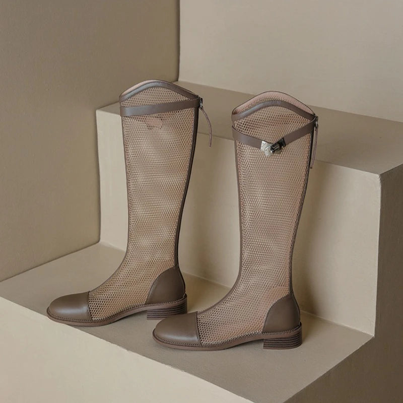 Female Summer Knee-high Mesh High Boots Women Breathable Mesh Knight Boots Thick Heel High Top Motorcycle Boots Botas Mujer