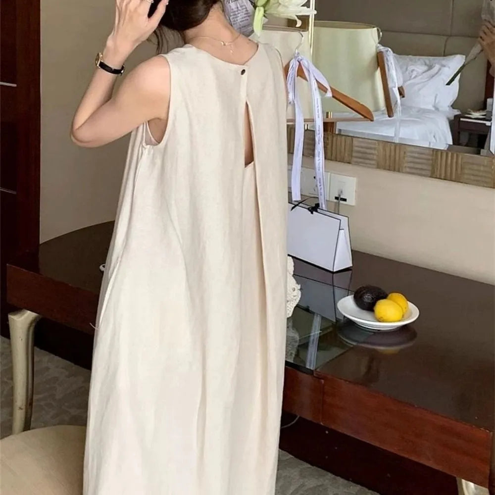 Elegant Solid Summer Sleeveless Dress Round Neck Hollowed Out Vocation Vest Dresses Beachwear Simple Open Back Long Dress Party