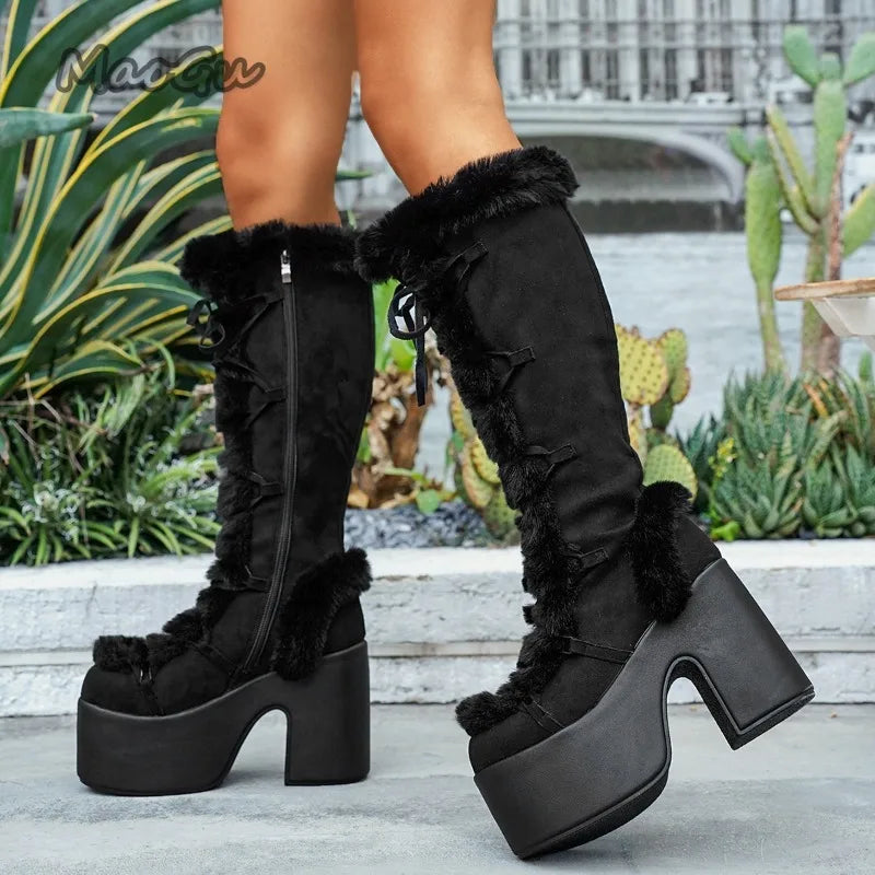 Women's Winter Snow Boots Gothic Lolita Platform High Heel Suede Shoes Plush Warm Knee High Long Boots Size 36-43 Botas Mujer
