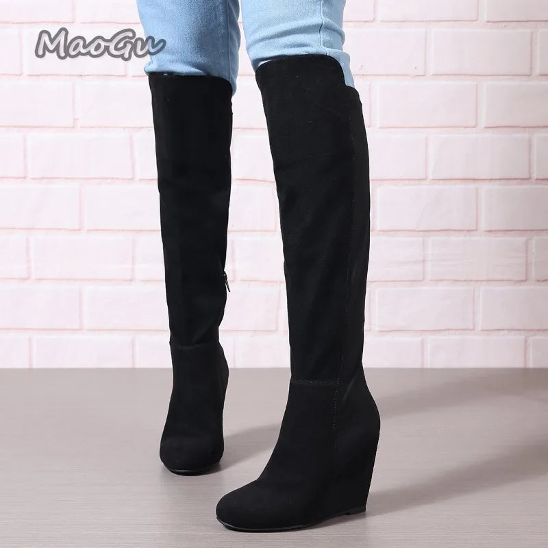 Women Autumn Winter Knee High Boots Wedge Boots for Women Plus Size Suede Elastic Women's Long Botas Feminino Botas Para Mujer