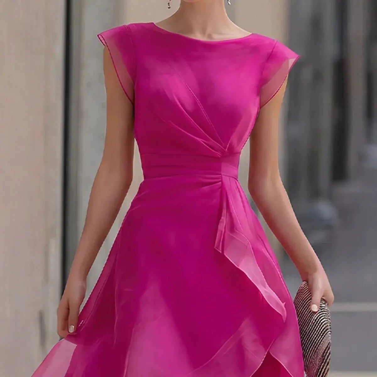 Vestidos Women Elegant O Neck Solid Organza Dress Summer Slim Waist Ruffle Layer A-Line Dress Summer Wedding Guest Party Dress
