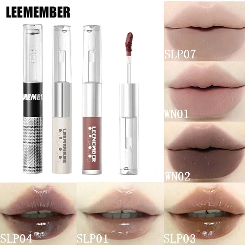 LEEMEMBER Double Head Lipstick Matte Soft Lip Mud Mirror Moisturizing Non-stick Cup Longlasting Lip Glazed Original Lip Makeup