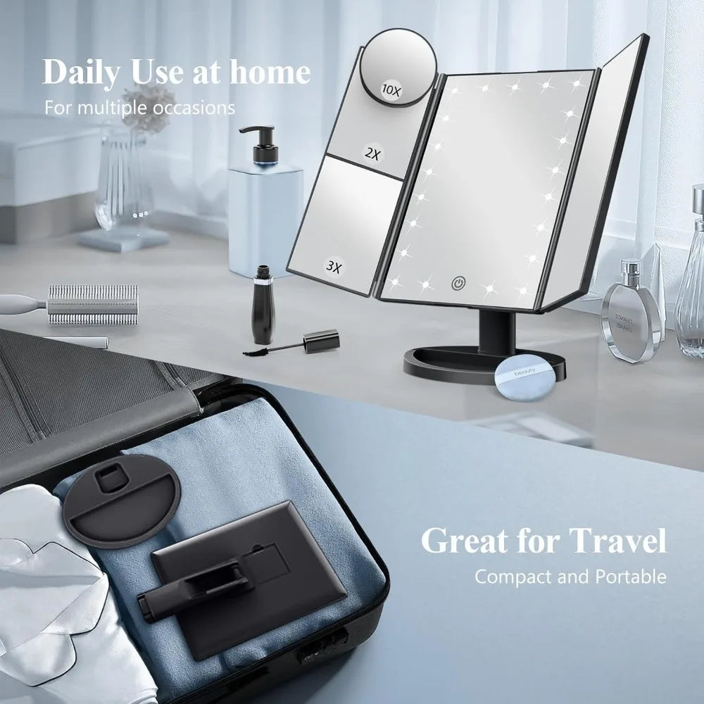 Large Foldable LED Makeup Mirror - 2X/3X/10X Magnification, USB & Battery Powered, Retro Tabletop Design for Home/Travel