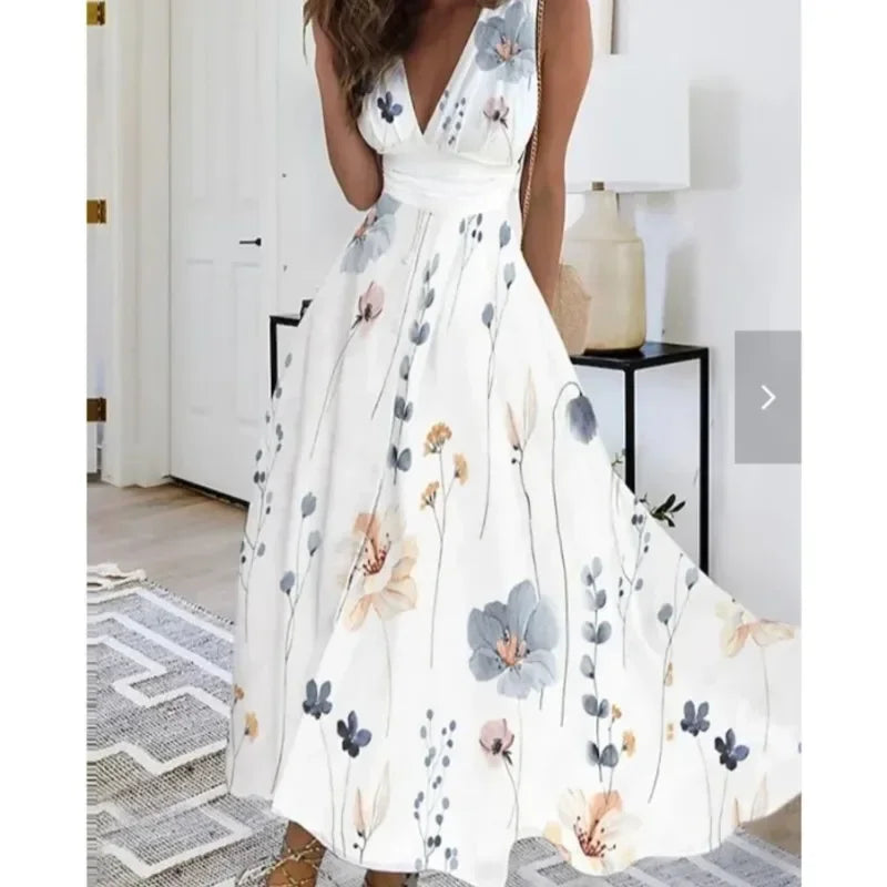Summer Women Dress Fashion Sexy V-Neck Sleeveless Higt Waist Long Dresses Elegant Office Printing Holiday Party Dress Vestidos