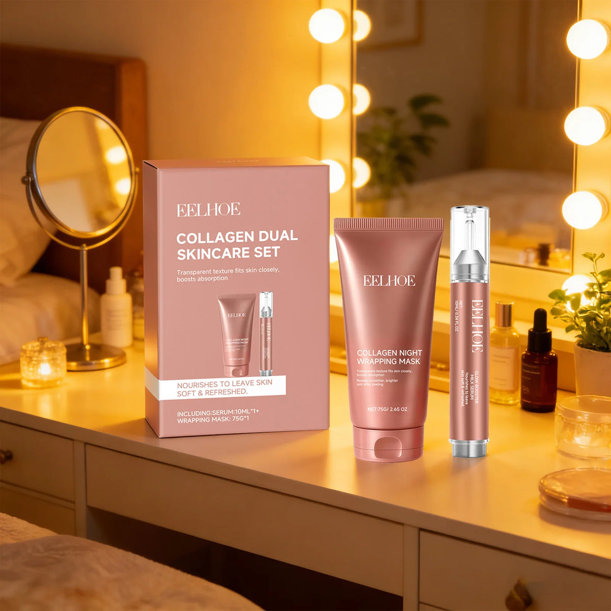 Collagen Wrapping Face Mask Set Enhance Skin Elasticity Improve Dullness Long-Lasting Hydration Exfoliation Night Skincare Serum
