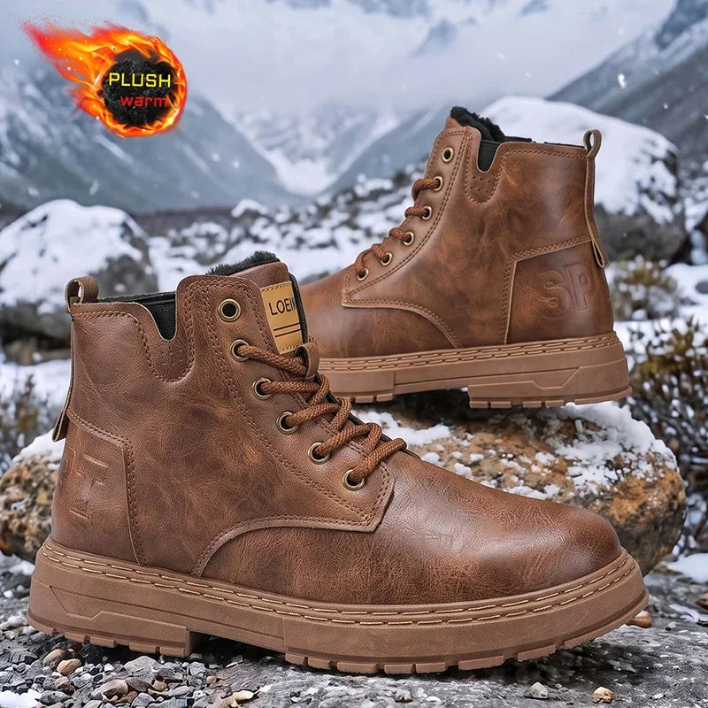 Men Winter Snow Boots Plush Lined High‑Top Faux Leather Anti‑Slip Thick Sole Shoes For Snow Day Commute Street Casual Outing