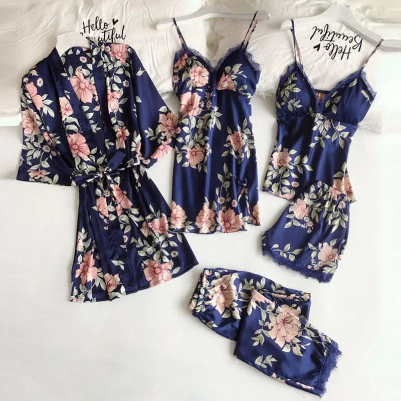 2026 Pajamas for Women Summer Sexy Pajamas Five-piece Set Suspender Pajamas for Women Home Wear with Chest Pad Bathrobe
