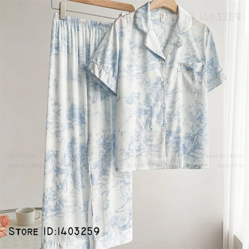 New Women Pijamas Silky Satin 2PCS Pajamas Set Sleepwear Spring Autumn Trouser Lounge Wear Loose Casual Female Homewear Lingerie