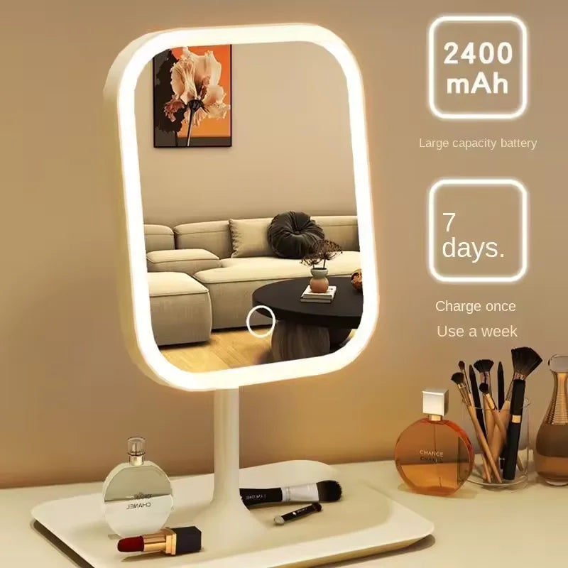 LED Makeup Mirror with 3 Colors Light Desktop Vanity Mirror Touching Mirror with Storage Base Portable