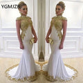 White Muslim Evening Dresses Elegent Mermaid High Neck Gold Appliques Beaded Long Formal Prom Party Gown for Wedding Customized