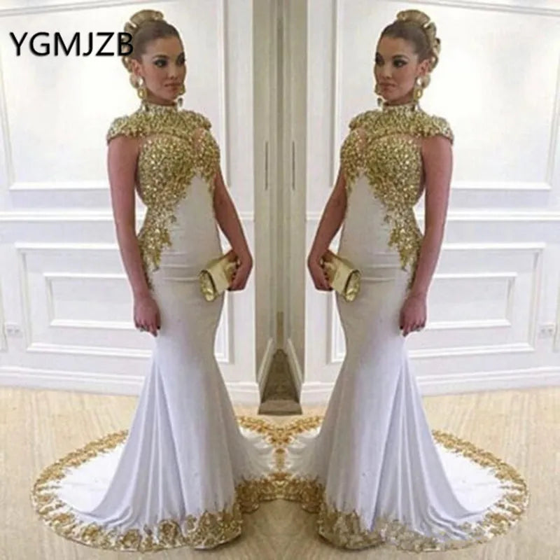 White Muslim Evening Dresses Elegent Mermaid High Neck Gold Appliques Beaded Long Formal Prom Party Gown for Wedding Customized