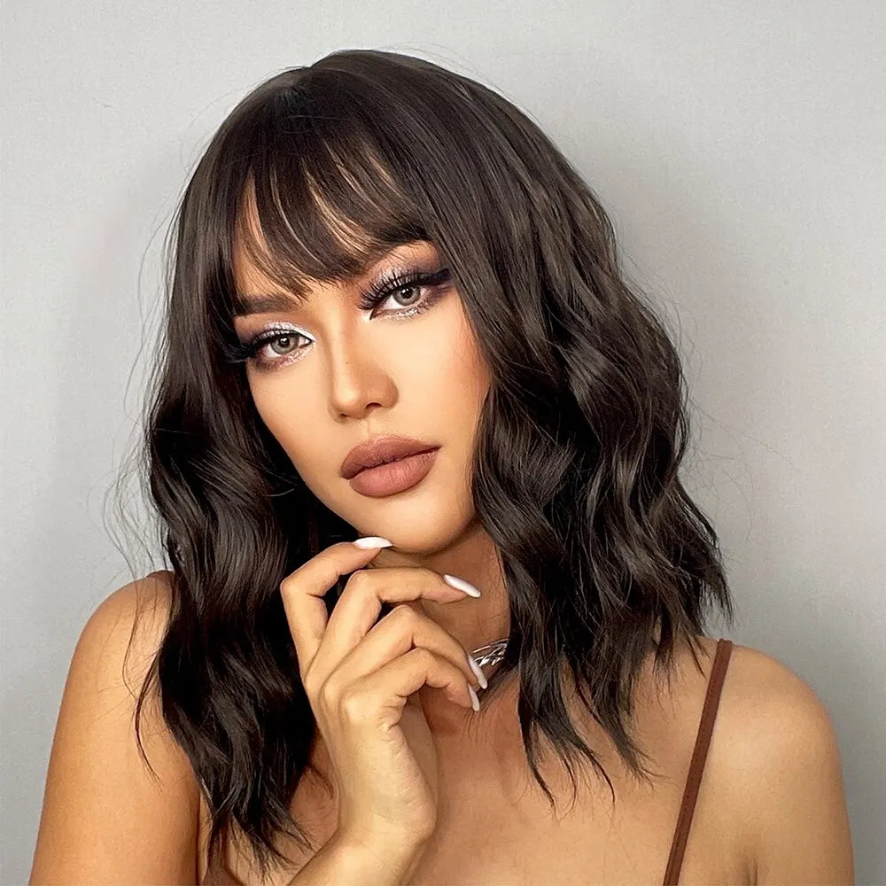 Short Wavy Bob Wigs for Women Dark Brown Bob Natural Synthetic Wig with Bangs for Girl Daily Cosplay Use Heat Resistant