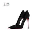 2025 suede black pointed high heels for women with slim heels and side clearance design, versatile and non tiring single shoes