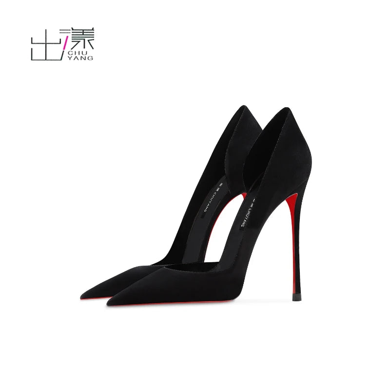 2025 suede black pointed high heels for women with slim heels and side clearance design, versatile and non tiring single shoes
