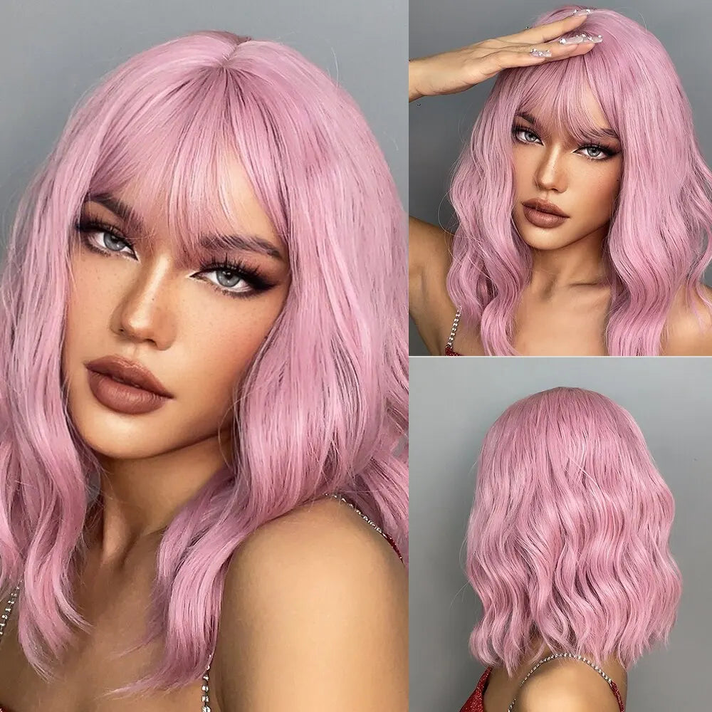 Short Wavy Bob Wigs for Women Dark Brown Bob Natural Synthetic Wig with Bangs for Girl Daily Cosplay Use Heat Resistant