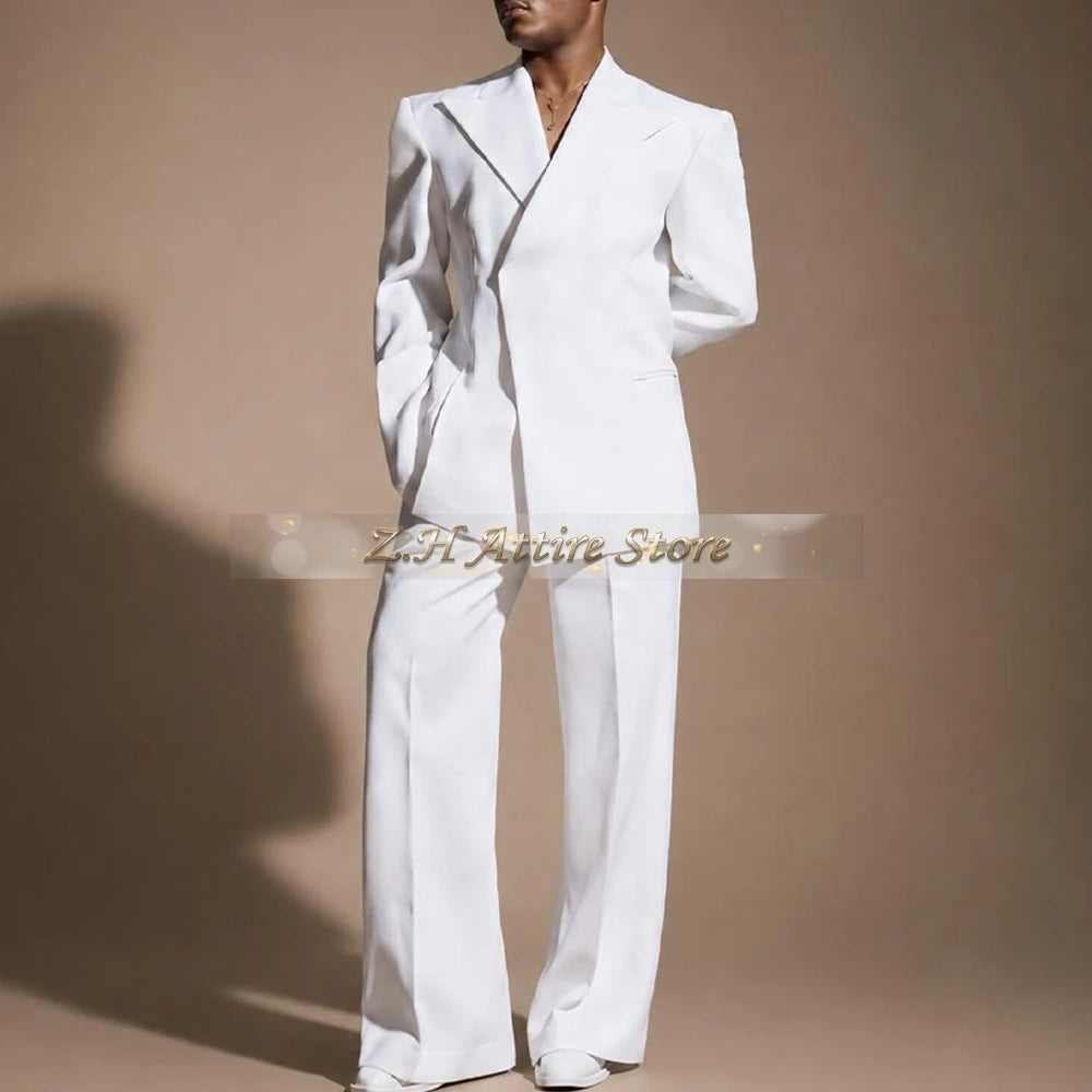 White Wedding Suit for Men 2-piece Set Double Breasted Jacket Wide Leg Pants Custom Slim Fit Prom Party Male Tuxedo