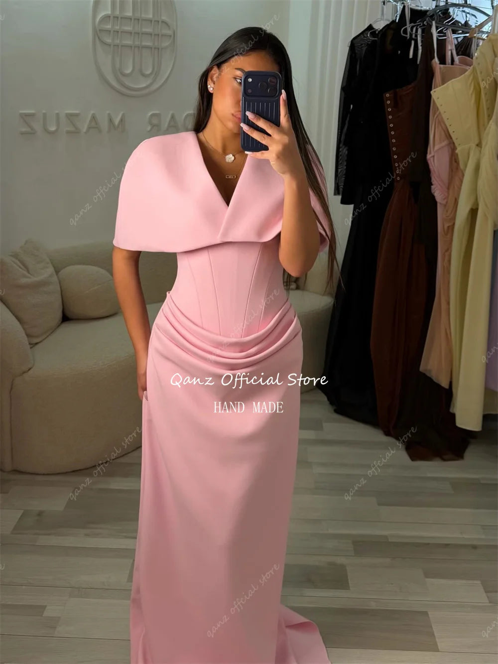Qanz Vintage Pink Evening Dresses Women Mermaid Sweetheart Vestido Invitada Boda Detachable Shawl Vestidos De Festa Customized