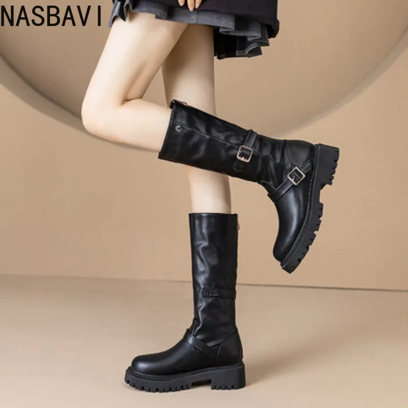 NASBAVI Botas De Mujer 2025 New Thick High Heels Black Knee- High Boots Women Autumn Winter Platform Gothic Shoes Big Size 34-44