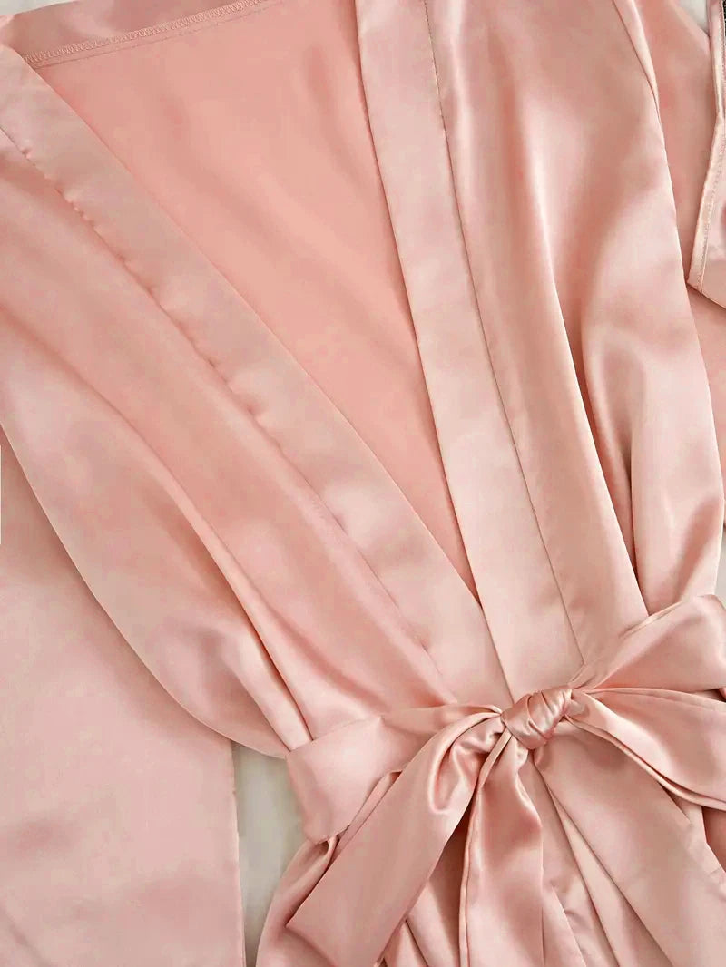 Women's Satin Sleepwear Pajama Set Pink Sexy Lingerie Bath Robe Lace Patchwork Silk Night Dress Trousers Home Clothed Nightwear