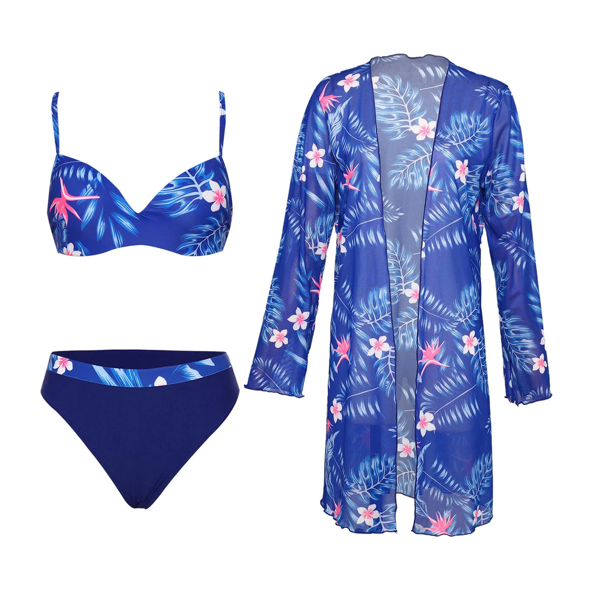 Womens Swim Sets Swimsuit Outfits Underwired Padded Bikini Set with Chiffon Cover-up Tropical Print Swimwear Beach Bathing Suit