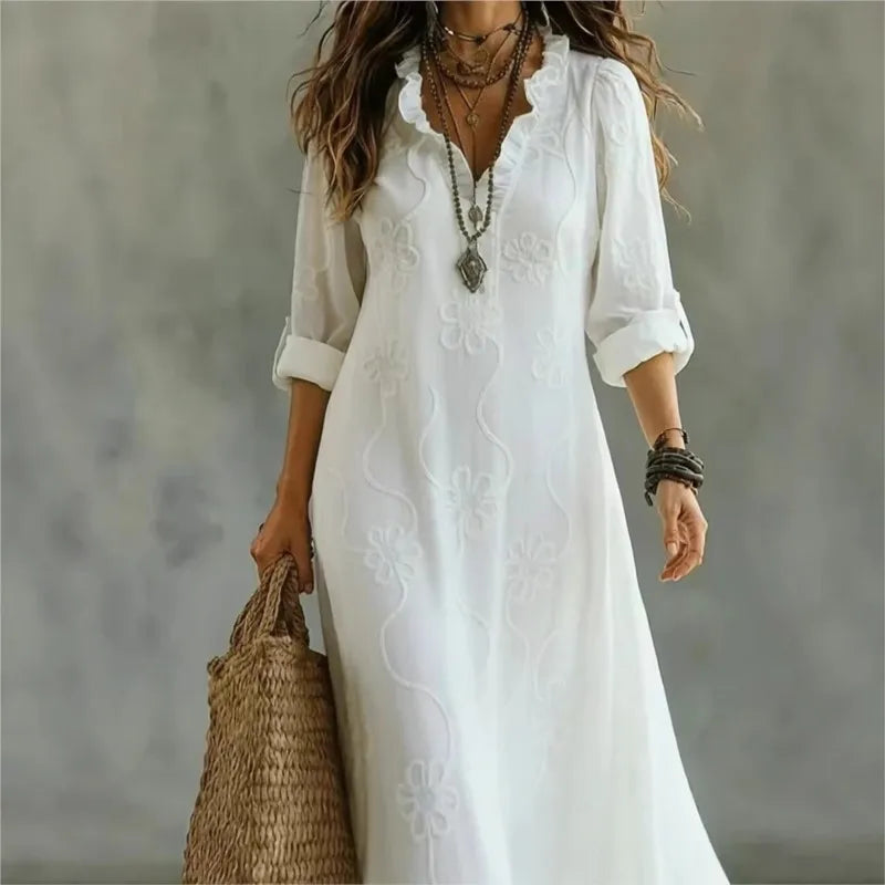Fashion Printed Versatile Dress Lace Ruffled V-neck Long-sleeved Women's Summer Resort Style Commuter Long Dresses Vestidos 2026