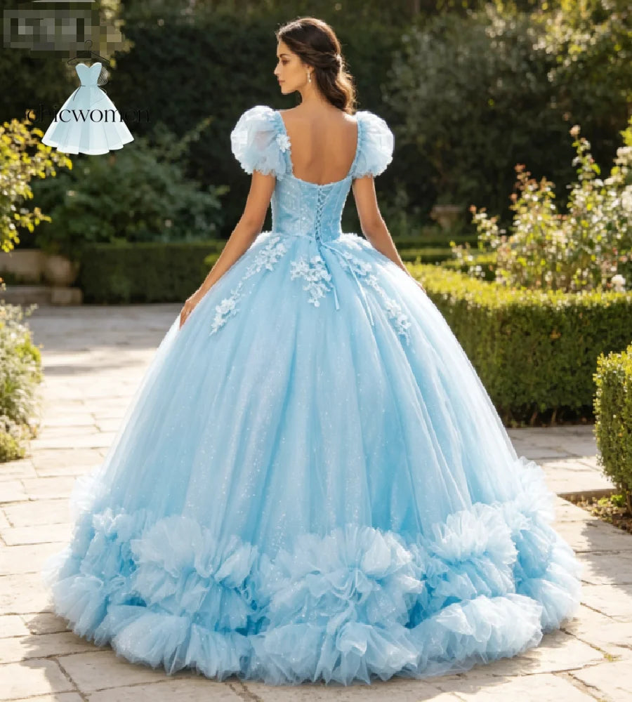 Light Blue Vestidos 15 Años Quinceañera Ball Gown 3D Floral Appliques Sparkle Glitter Tulle Ruffled Hem Sweet 16 Birthday Party