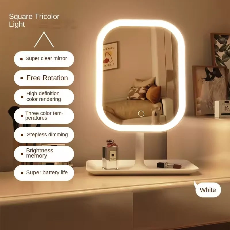 LED Makeup Mirror with 3 Colors Light Desktop Vanity Mirror Touching Mirror with Storage Base Portable