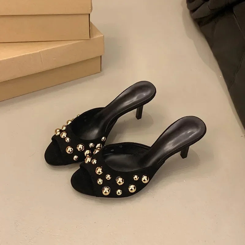 2026 Summer New Women's Shoes Black Velvet Effect Studded Backless One-foot Stiletto Sandals Women's High Heels Zapatos De Mujer