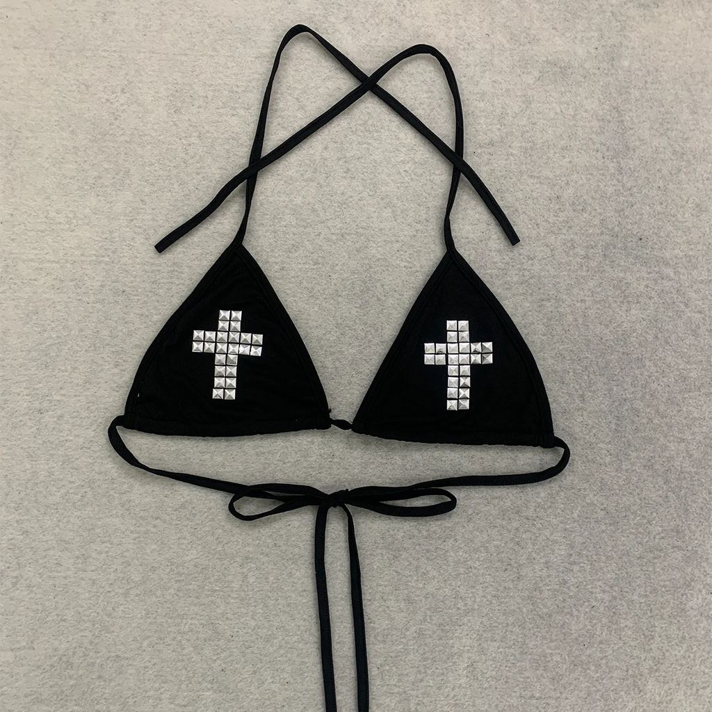 Women Black Studded Cross Bikini Tops Triangle Halter Tie Back Swim Bra Goth Punk Y2K Beach Swimwear Sexy Summer 2026 New S/M/L