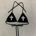 Women Black Studded Cross Bikini Tops Triangle Halter Tie Back Swim Bra Goth Punk Y2K Beach Swimwear Sexy Summer 2026 New S/M/L