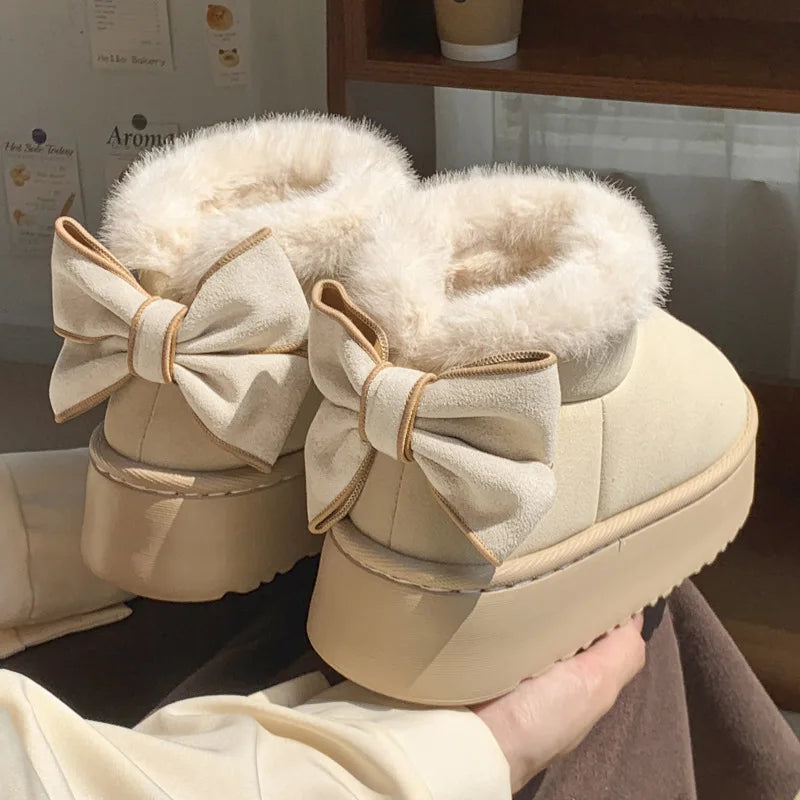 Women Platform Snow Booties Elegant Bow Ornament Furry Fur Trim Warm Plush Lining Anti‑Slip Casual Winter Ankle Boots