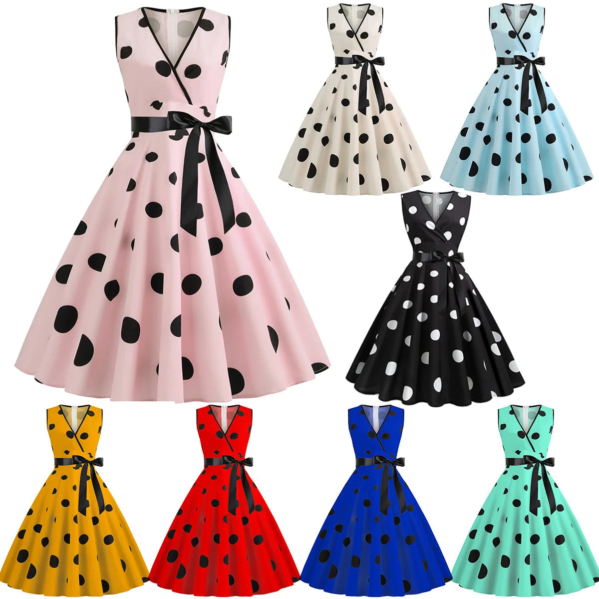 Summer Vintage Polka Dot Print Sleeveless Dresses Women V-neck Bowknot Leace-up Hepburn Style Dress Temperament Lady New Vestido