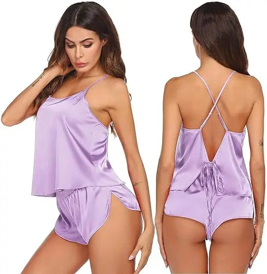 Silk Pajamas Set for Women Satin Backless Lingerie Pjs Cami Top and Shorts Nightwear Sexy Satin Lingerie Pjs Cami Top